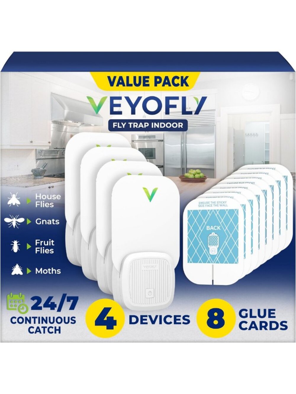 Indoor UV Fruit Fly & Gnat Traps - 4 Devices + 8 Refills for Effective Pest